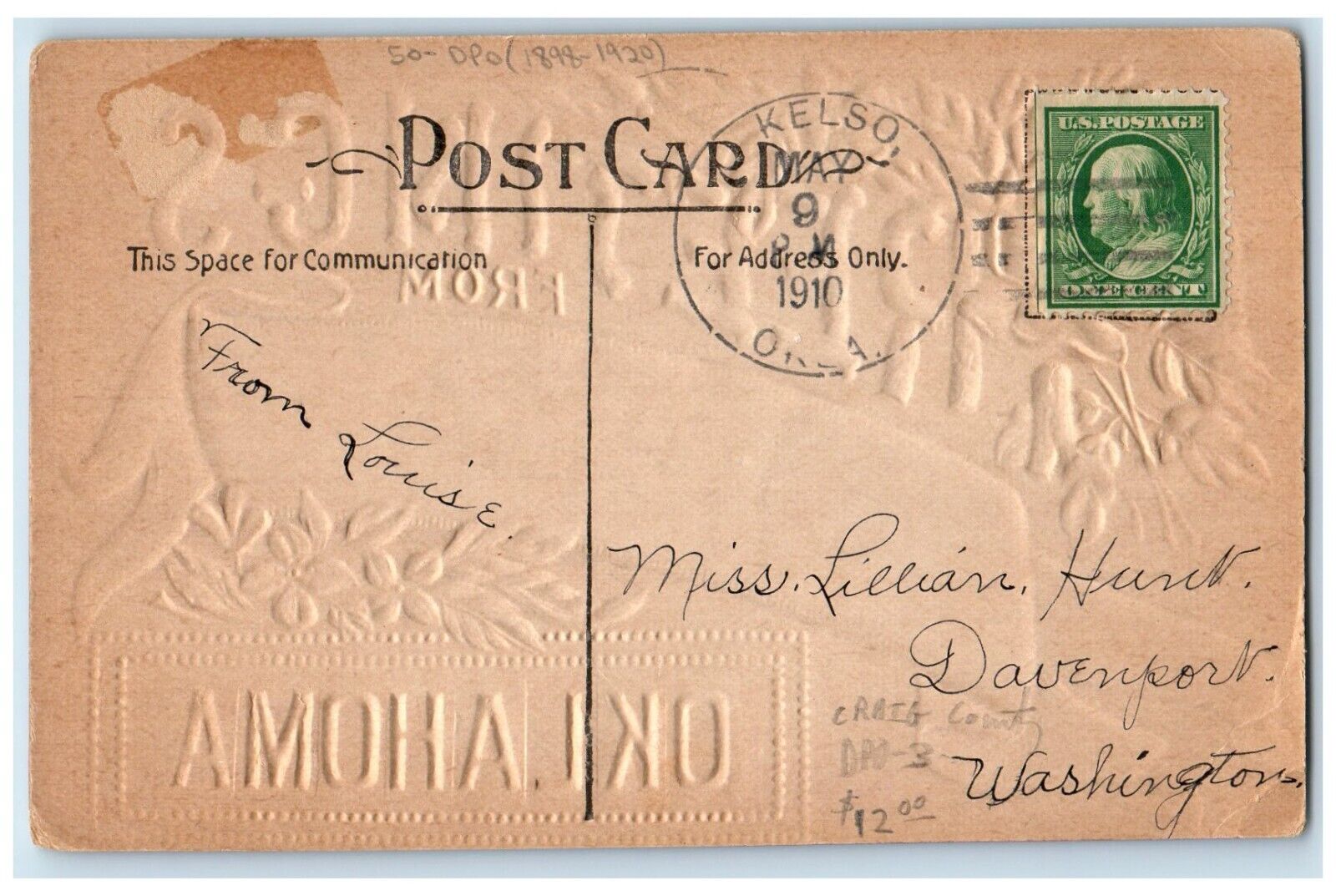 DPO 1898 1920 Kelso Oklahoma OK Postcard Greetings Flowers Airbrushed Embossed