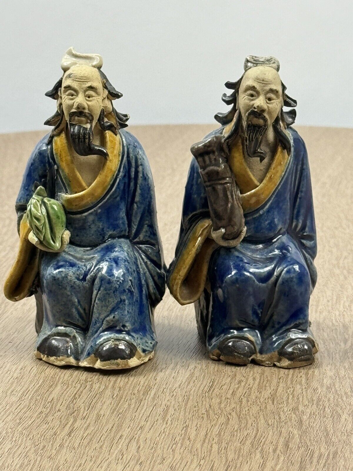 Vintage Chinese Mud Men Figurines, Two Wearing Blue Robes, Excellent Condition
