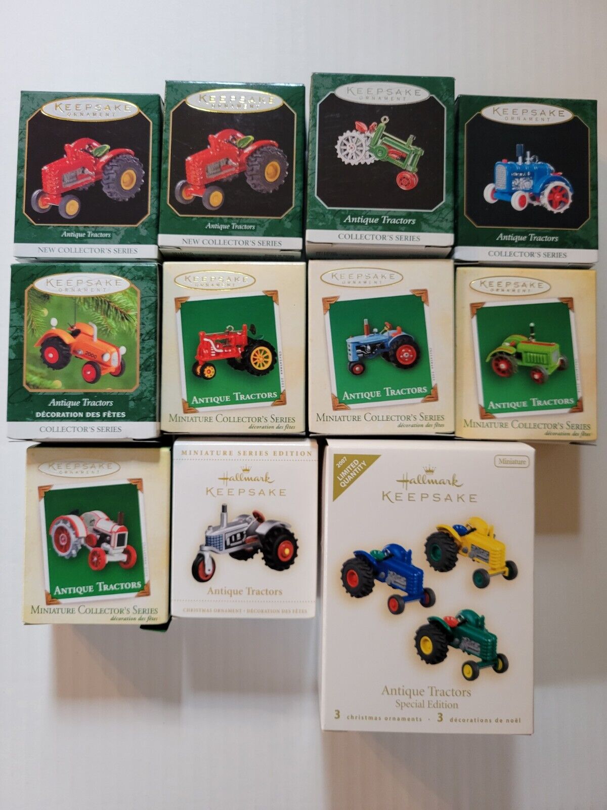 Lot of 11 Hallmark Ornaments Mini Antique Tractors Series, John Deere Miniatures