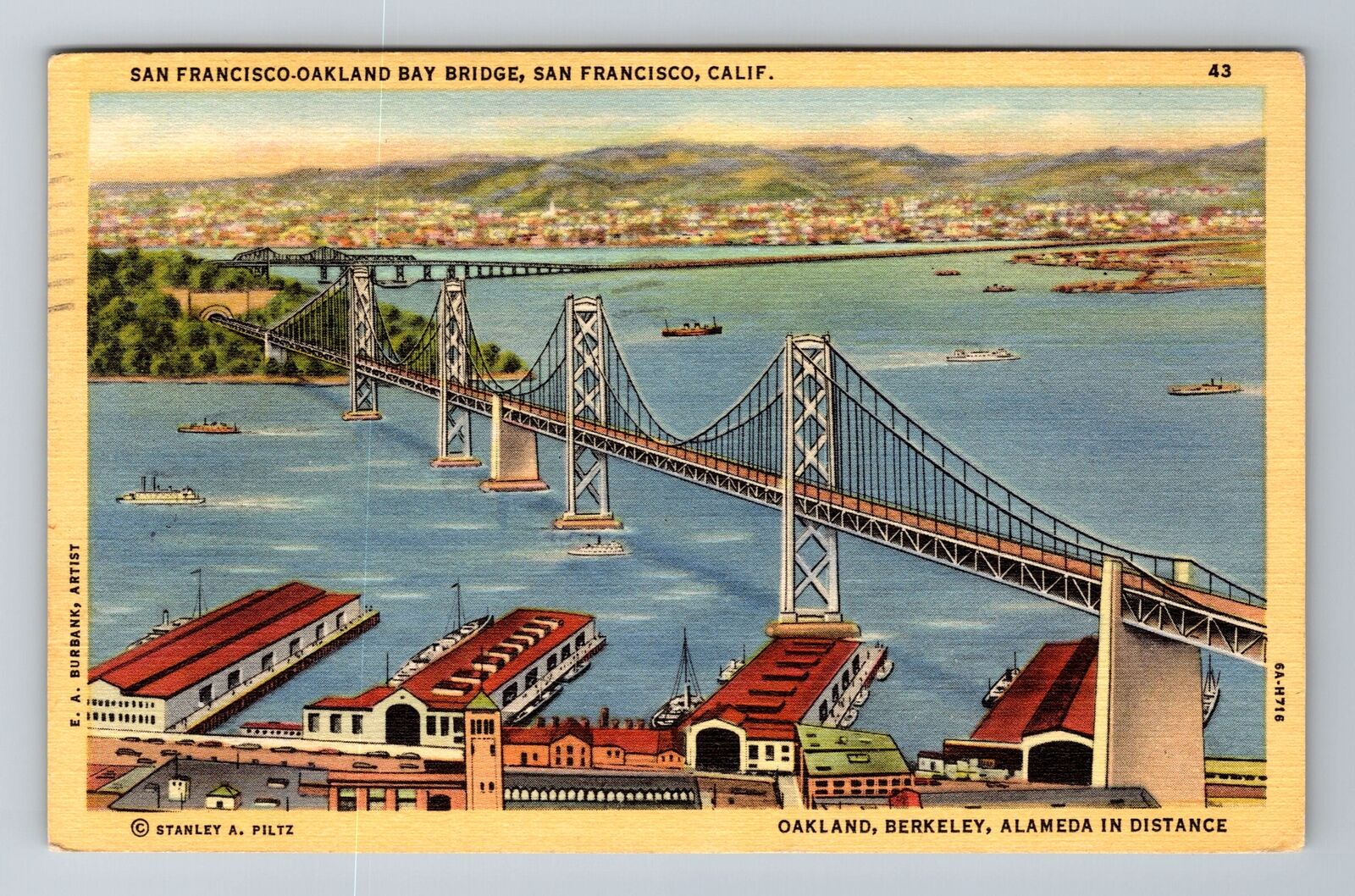 San Francisco CA-California, Aerial Oakland Bay Bridge, Vintage c1946 Postcard