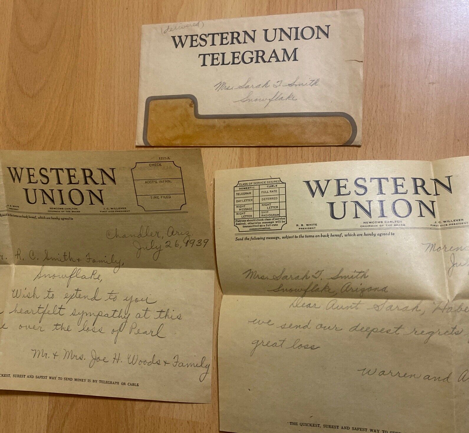 July 1939 Western Union Telegram In Envelope Condolences Messages Arizona