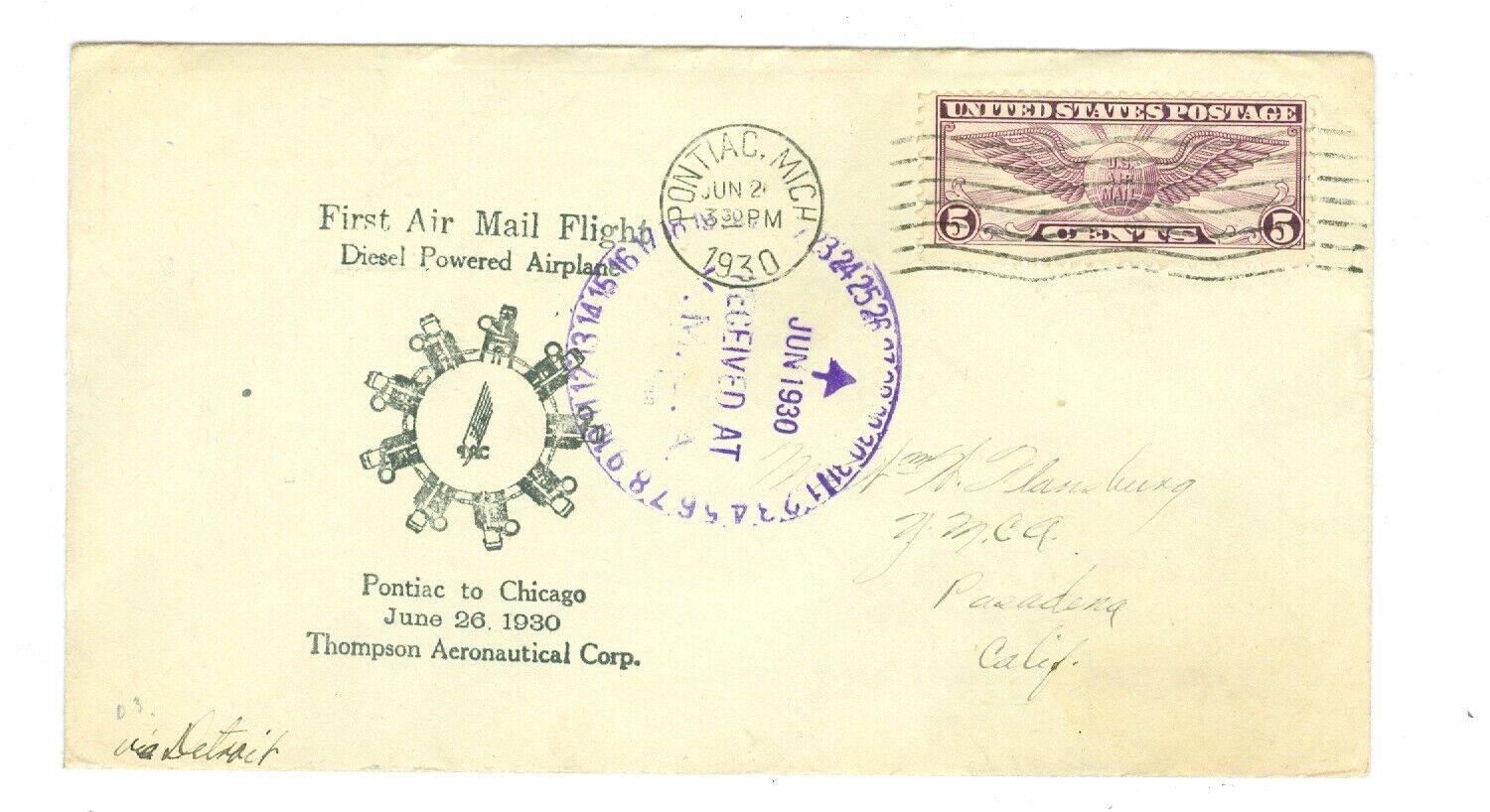 1930 FIRST DIESEL POWERED AIRPLANE FLIGHT COVER AAMC SOUVENIR HISTORICAL #627