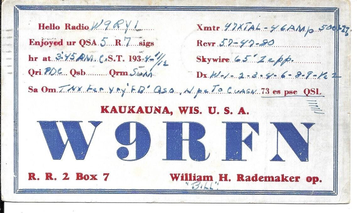 QSL 1934 Kaukauna    Wisconsin   radio card