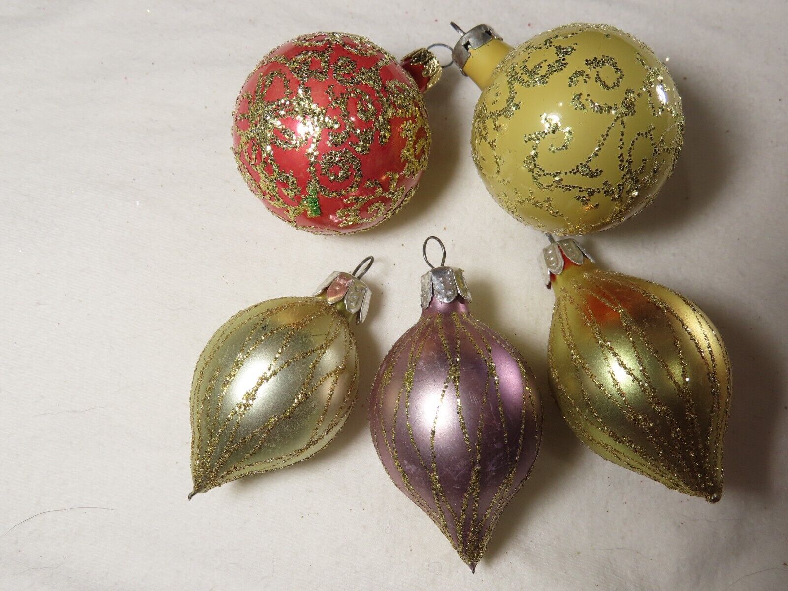 Lot 5 Blown Glass Christmas Ornaments Tear Drop Balls Feather Tree Glitter C1233