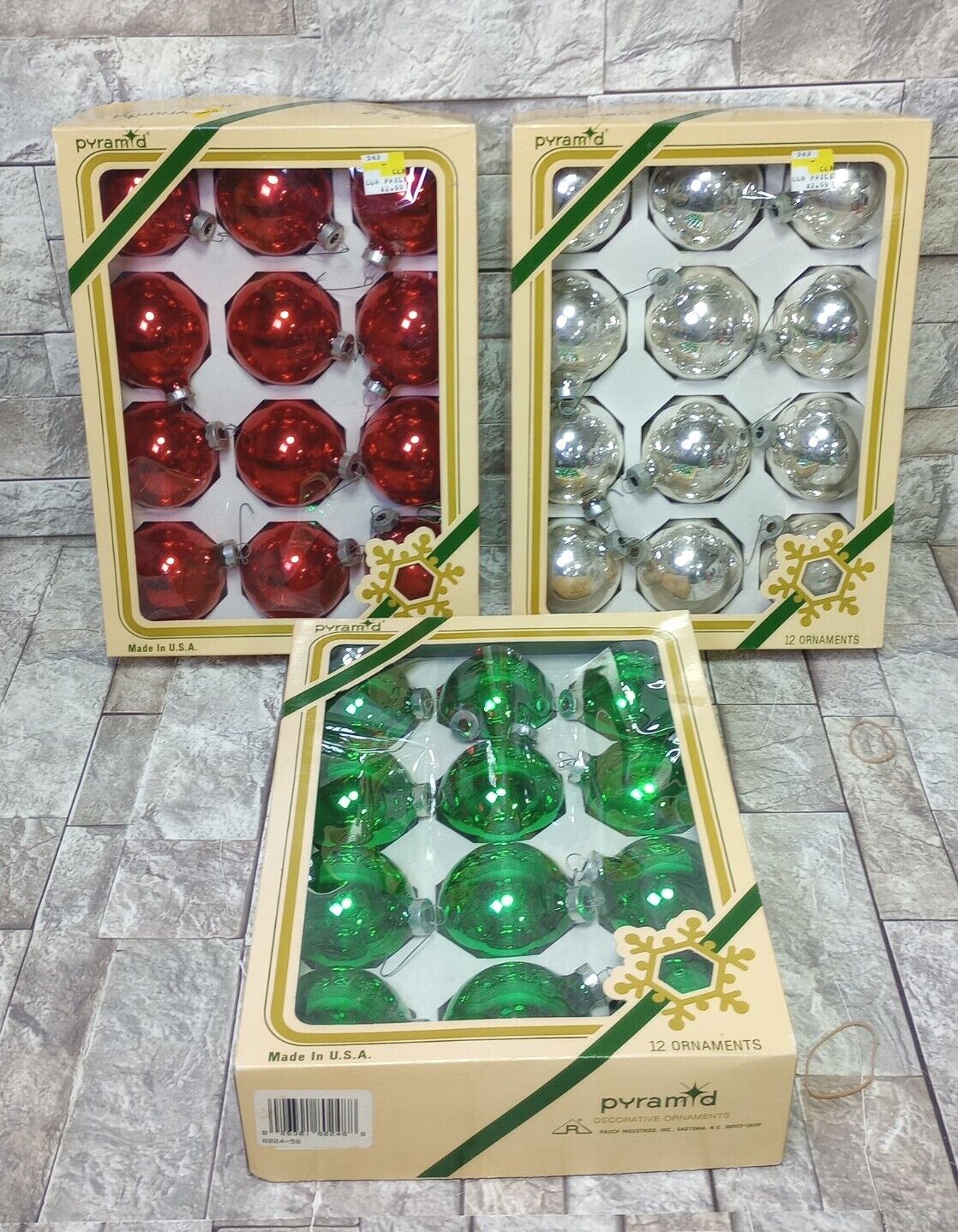 VTG Rauch Pyramid Glass Ball Christmas Ornaments Set of 3 Boxes - 36 Balls 2.25
