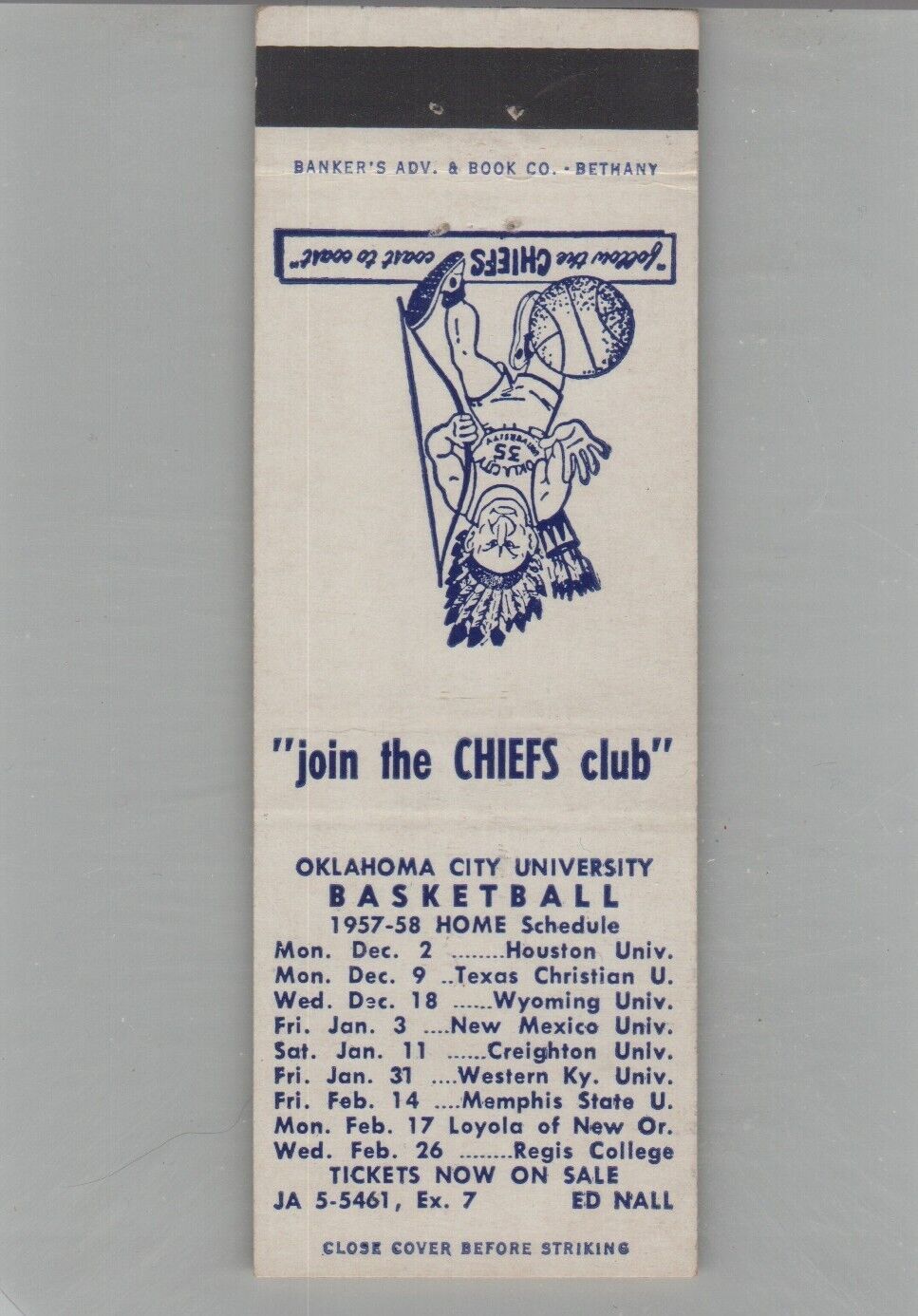 Matchbook Cover 1957-58 Oklahoma City University Basketball Schedule