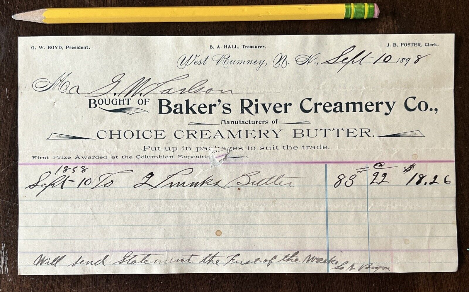 1898 WEST RUMNEY NH NEW HAMPSHIRE BAKER'S RIVER CREAMERY CO. INVOICE RECEIPT