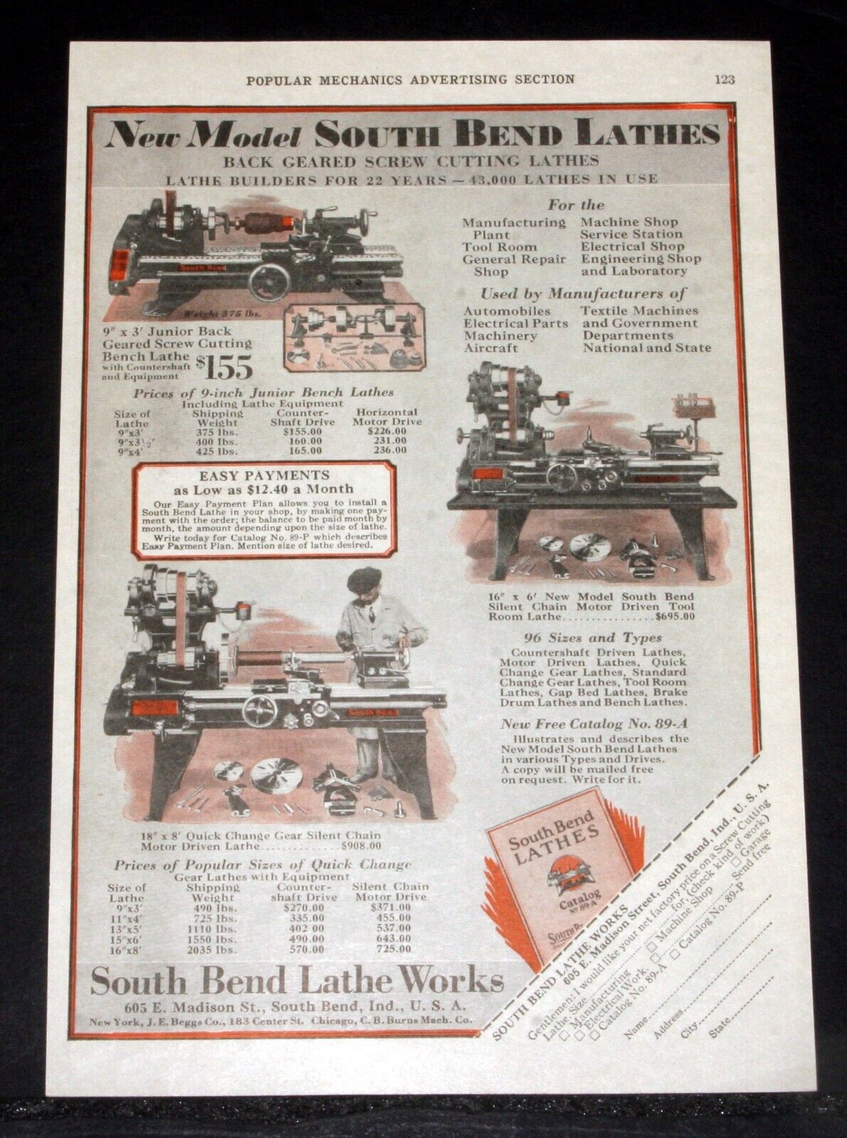 1928 OLD MAGAZINE PRINT AD, NEW SOUTH BEND LATHES, BACK GEARED, SCREW CUTTING