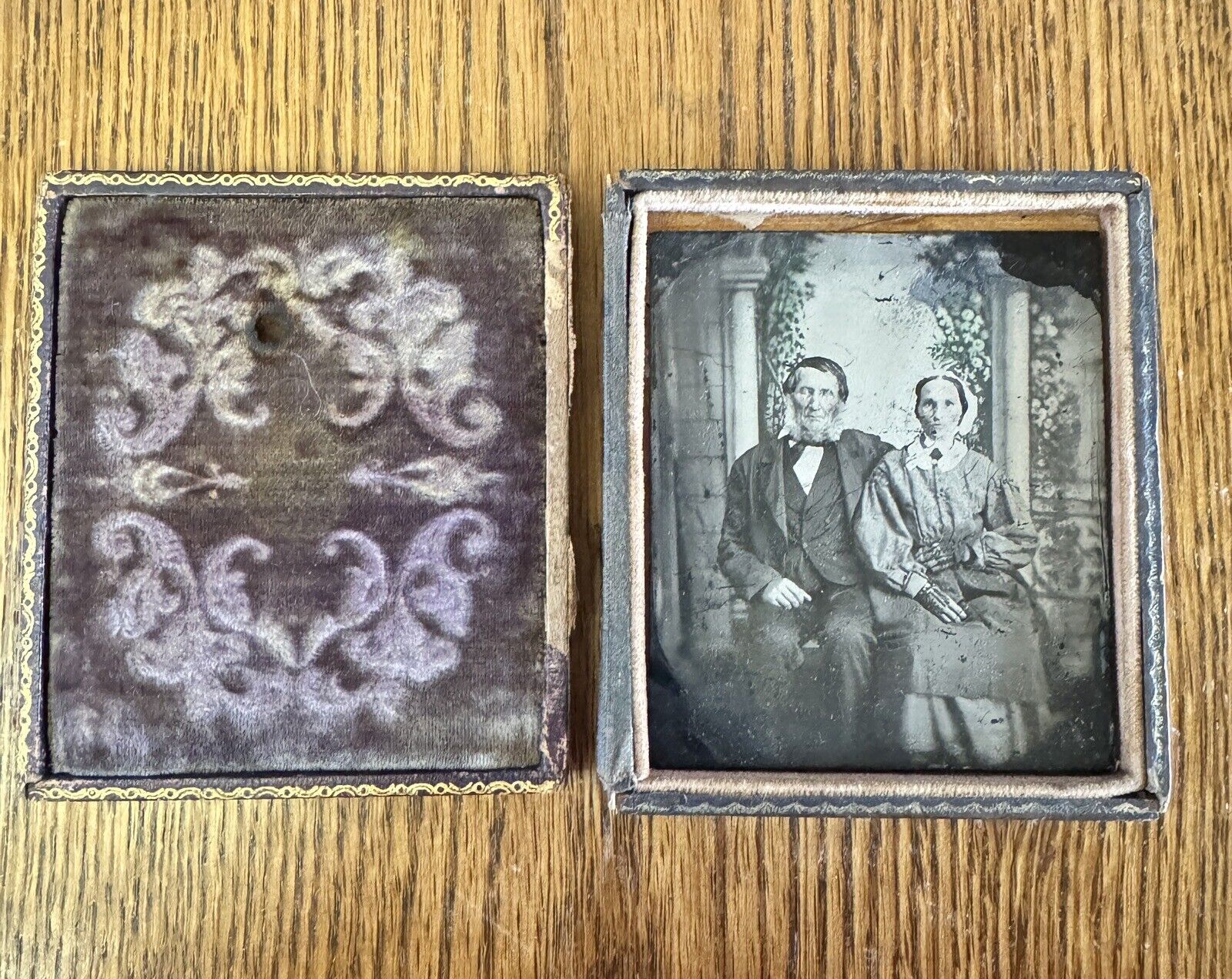 1/6th Plate Ambrotype Of A Couple Sitting Together - Woman is Wearing Gloves