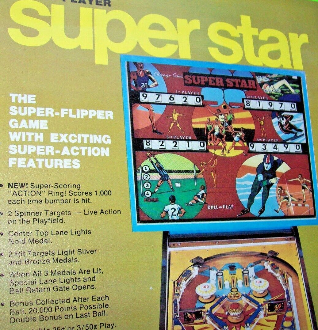 Super Star Vintage Pinball Machine Flyer Chicago Coin Original 1975 Game Art  