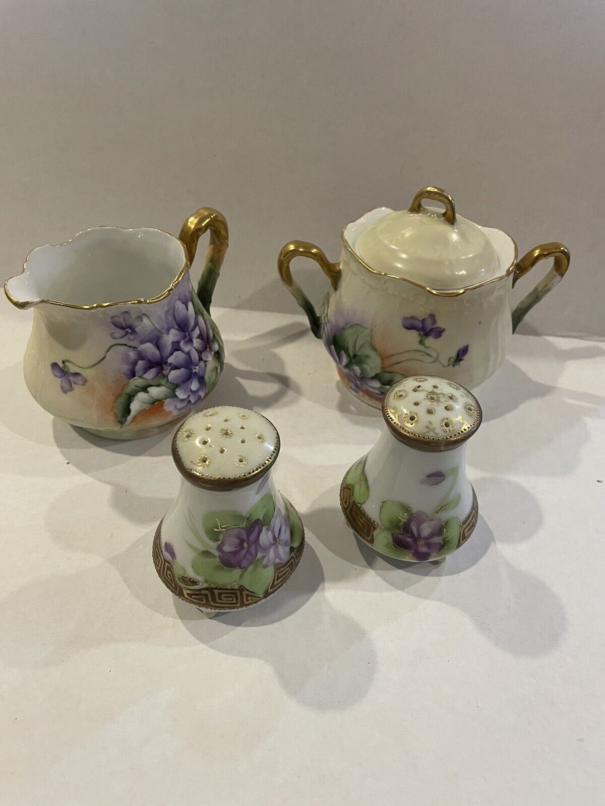 Vtg Hand-painted Violets Creamer, Sugar, Salt &Pepper Shakers Tea Set, Preowned