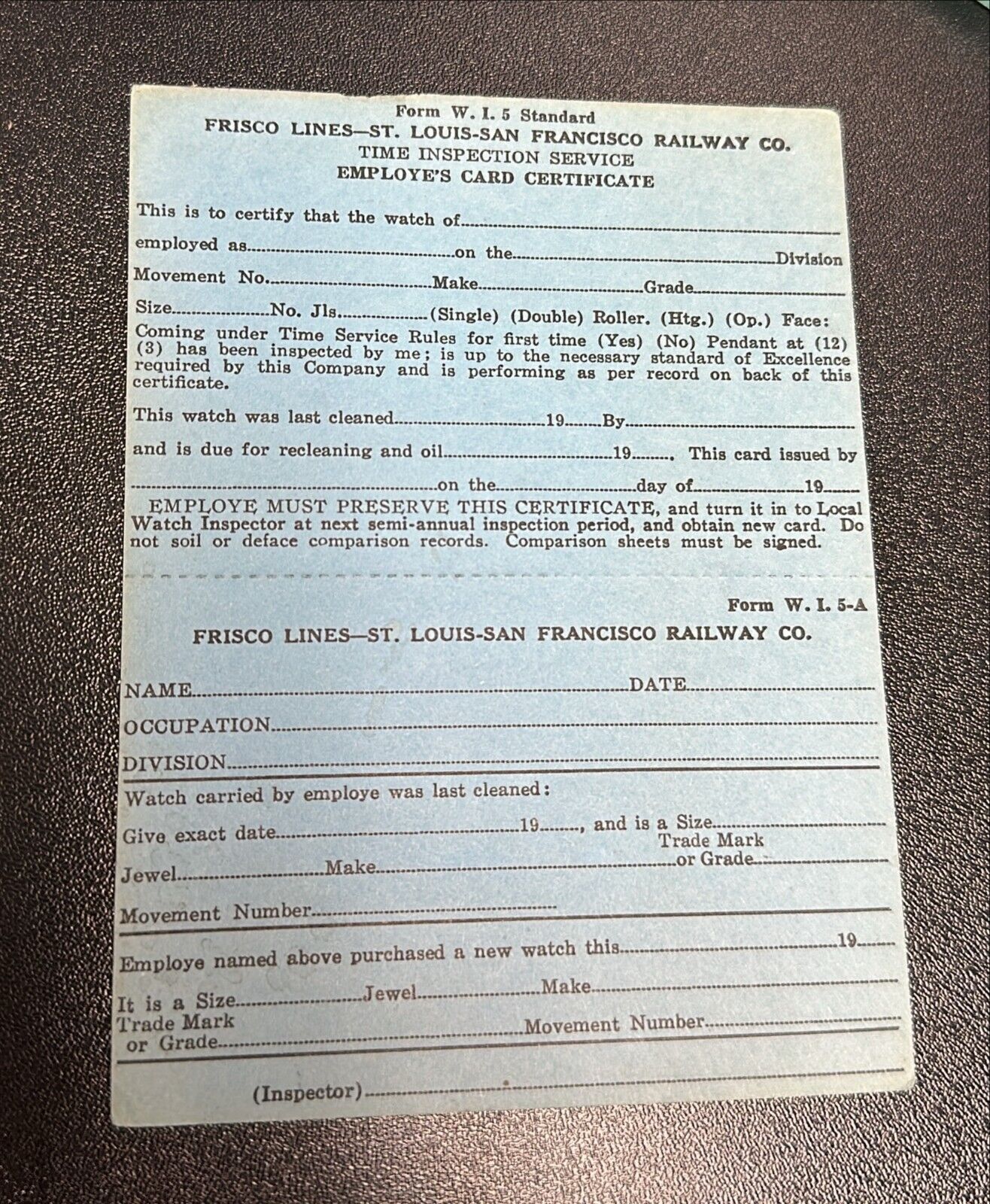 Frisco Lines-St. Louis-San Francisco Railway Co. Employee Time Inspection Card