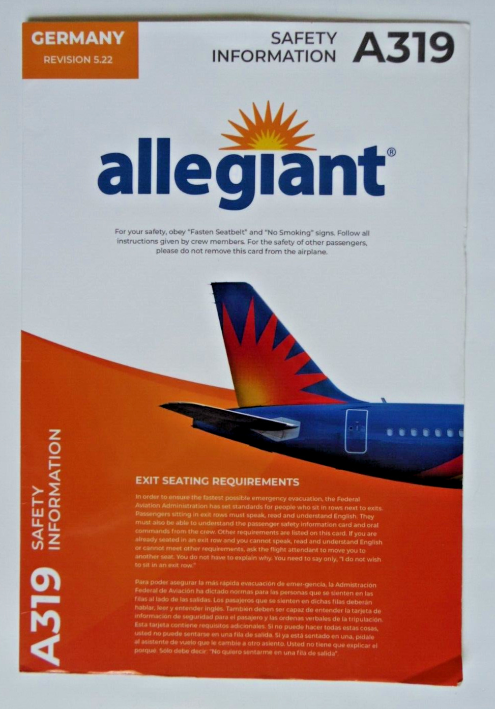 5.22 Allegiant Airlines Safety Information Card Airbus A319
