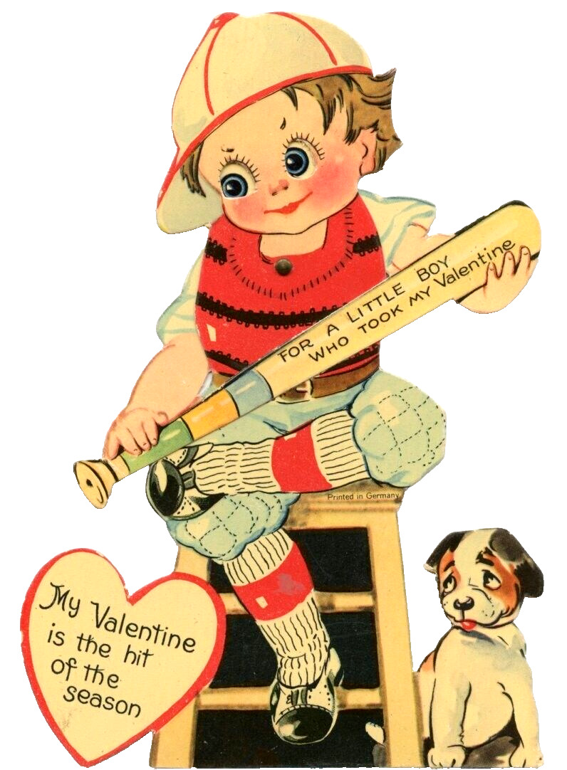 Vtg Valentine Card Mechanical Boy Baseball Bat Player Catcher Hit Season  1930s