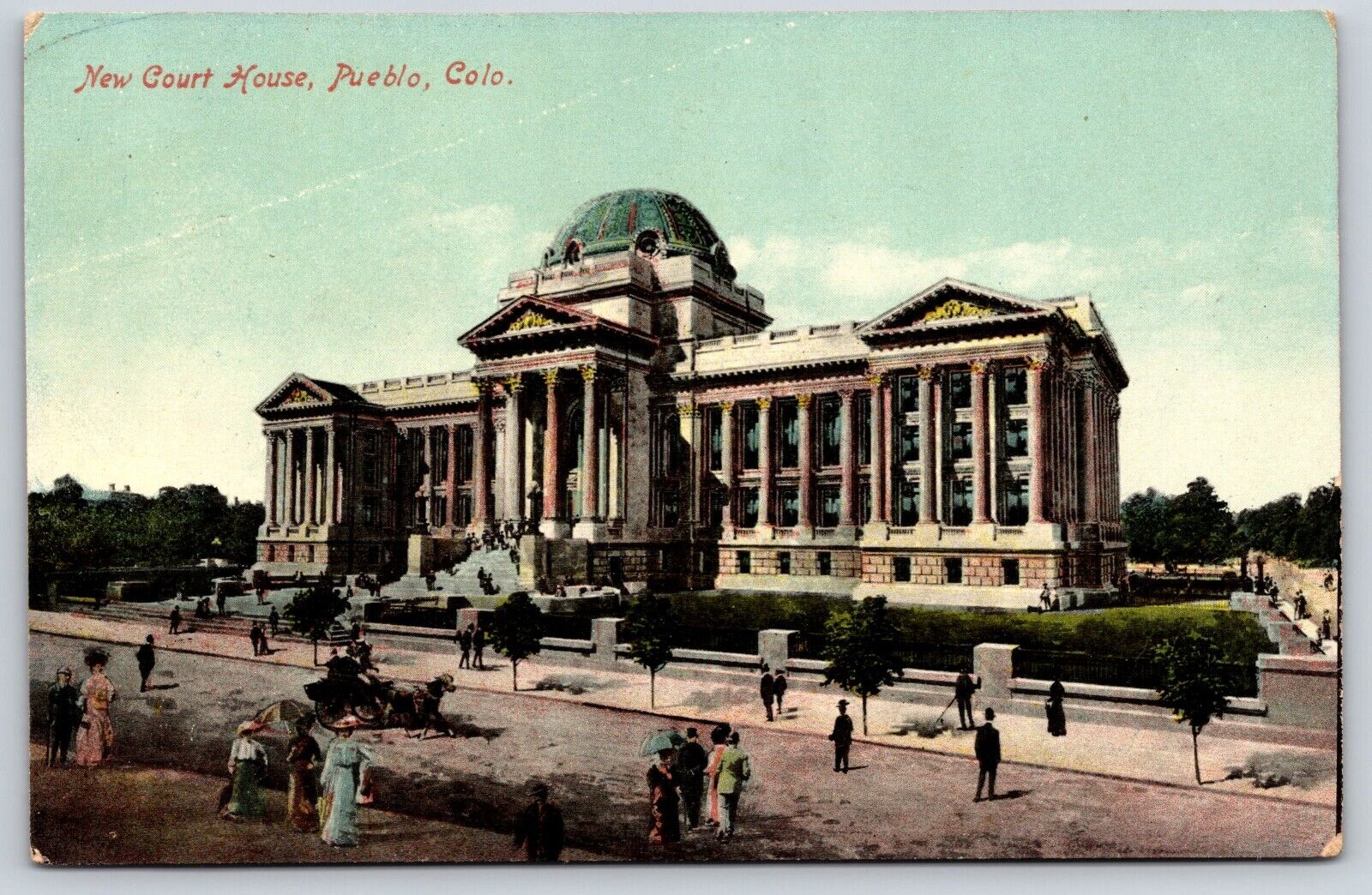 Pueblo CO-Colorado, New Court House, People, Horse, Antique, Vintage Postcard
