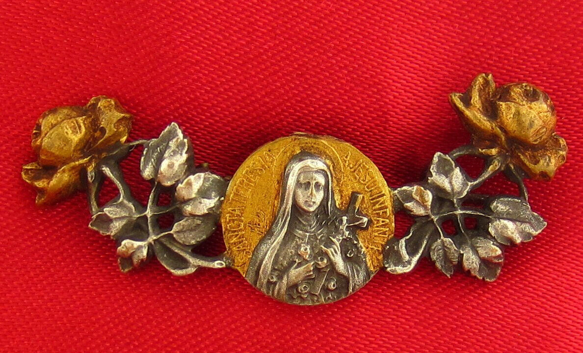 Vintage SAINT THERESE Pin Brooch RELIGIOUS CATHOLIC Roses Flowers Pin