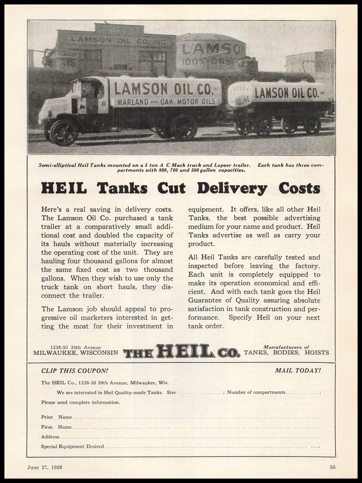 1928 Lamson Oil Co. Photo Mack Truck Heil Tank Lapeer Trailer Milwaukee Print Ad