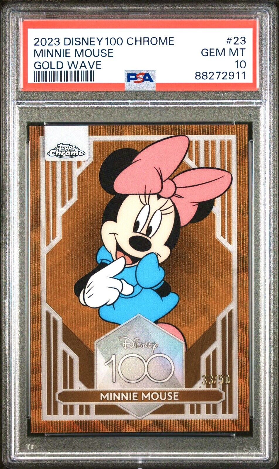 2023 Topps Chrome Disney 100 Gold Wave Refractor #23 Minnie Mouse /50 PSA 10