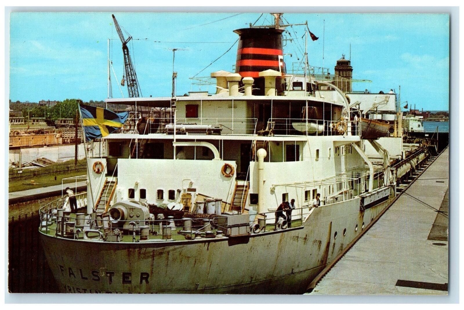 c1960's Ocean Freighter Passing Mac Arthur Lock Sault Ste. Marie MI Postcard