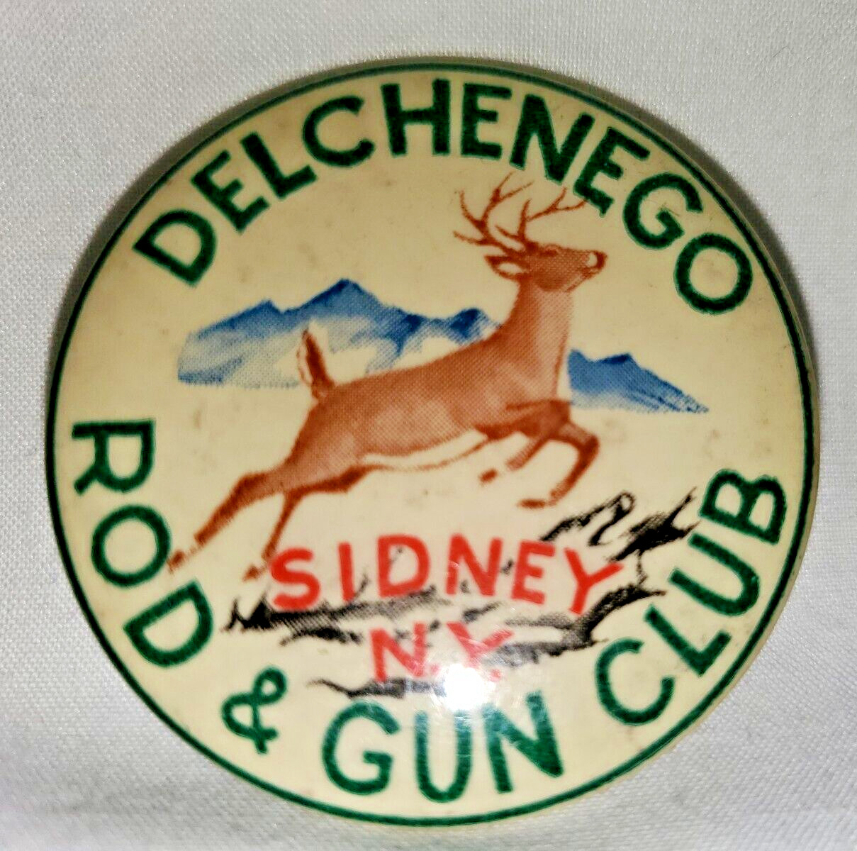 c 1950s DELCHENEGO ROD & GUN CLUB Sydney NY fish game  Pinback Button Badge pb