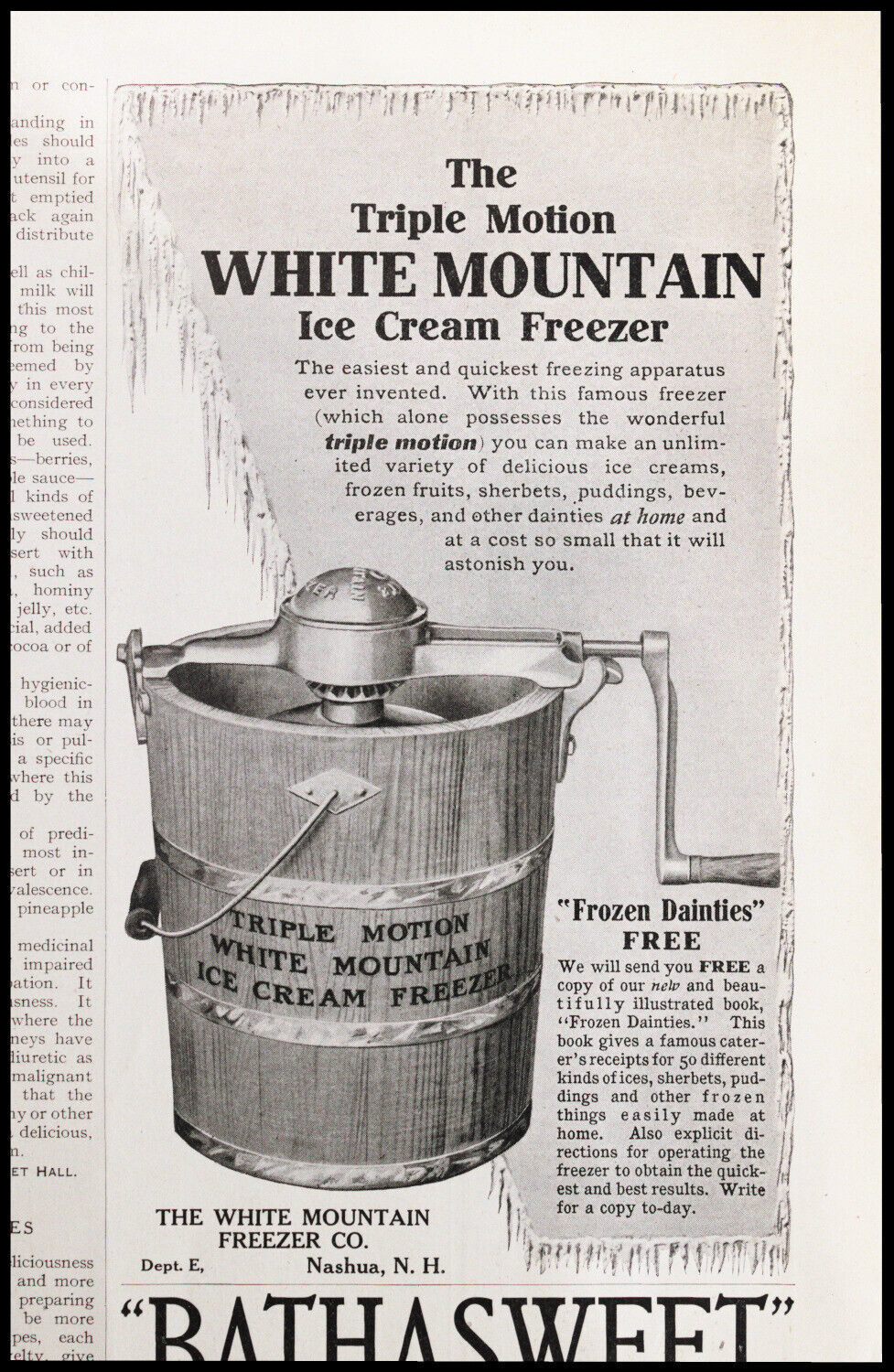 1905 WHITE MOUNTAIN Crank Ice Cream Freezer Maker Antique Vtg PRINT AD