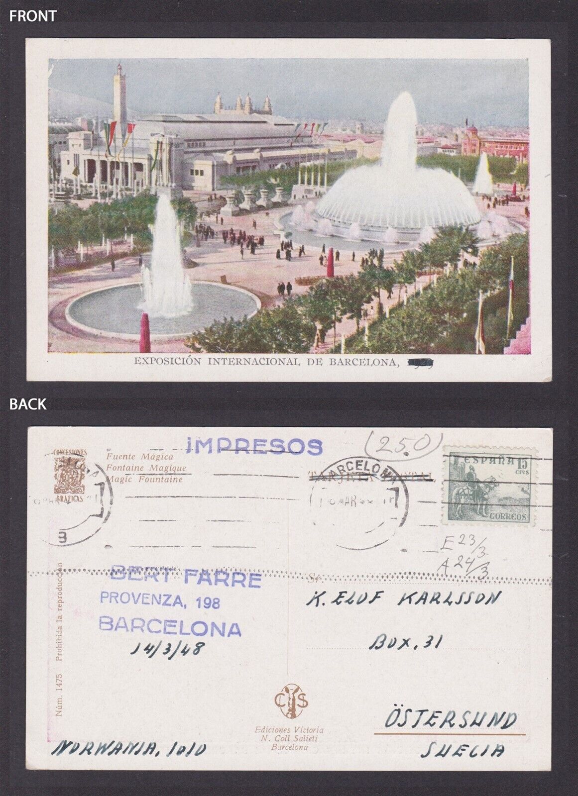 SPAIN, Vintge postcard, Barcelona, Exhibition, Magic Fountain