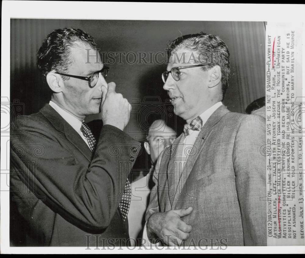 1956 Press Photo Playwright Arthur Miller and attorney talk in Washington.