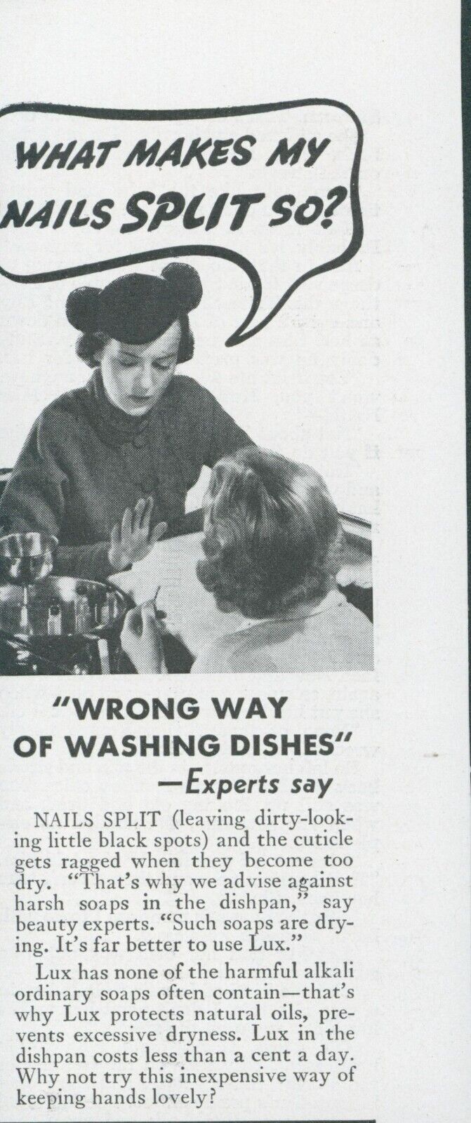1936 Lux Soap Nails Split Wrong Way Washing Dishes Manicurist Vtg Print Ad GH1