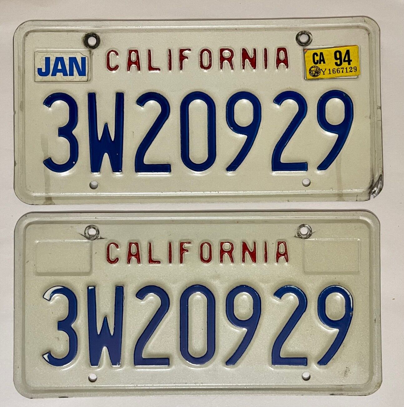 1994 CALIFORNIA License Plate PAIR CA - #3W20929