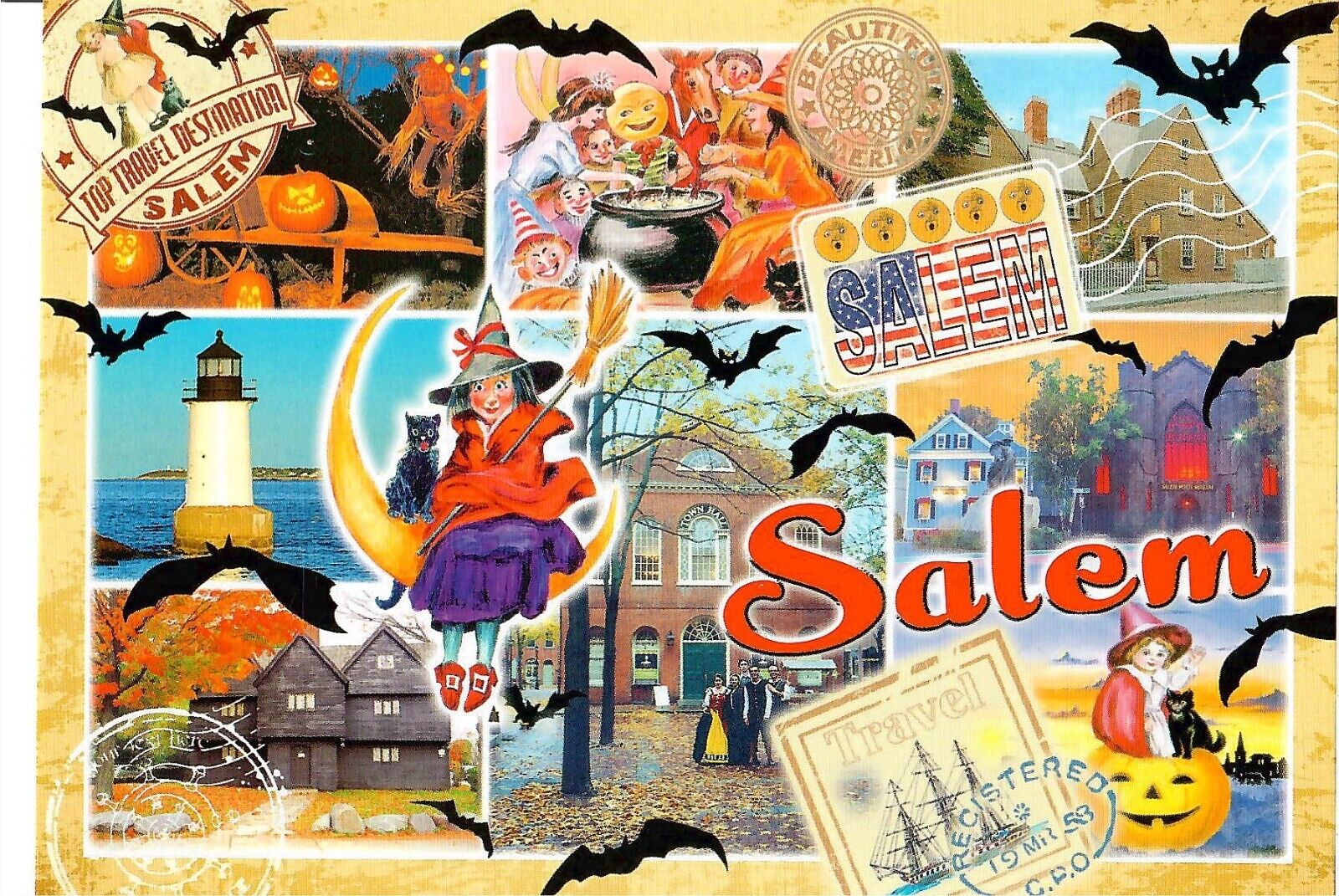 NEW Postcard 4x6 Salem Massachusetts Multi-view Halloween Witch Lighthouse Bats
