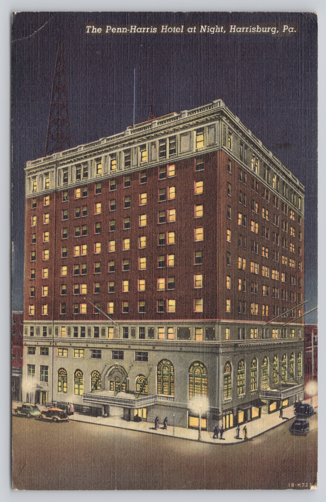 Penn-Harris Hotel at Night, Harrisburg, Strawberry Square, PA c1944 Postcard