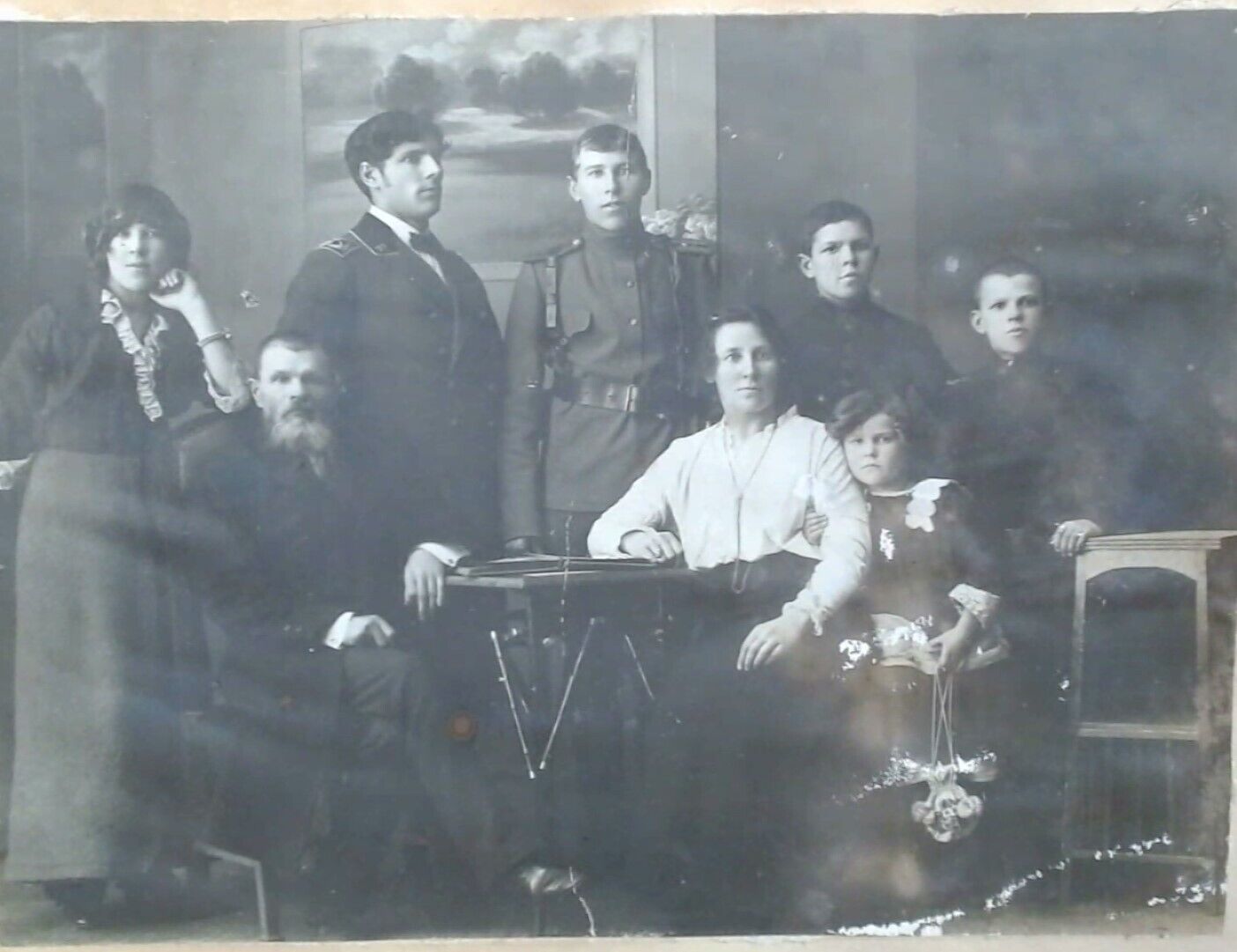 Antique Photo Family Of 8 With Sons In Uniforms