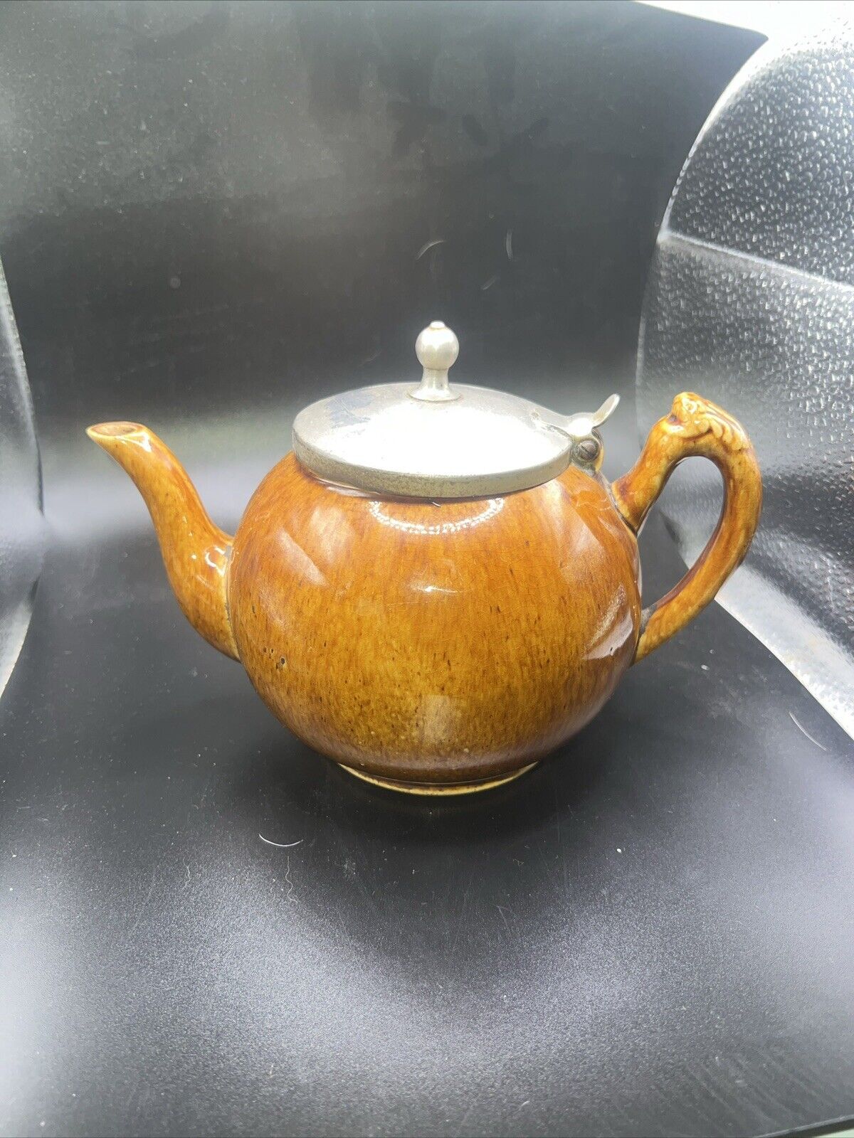 Vintage Early English Brown Teapot Metal Lid
