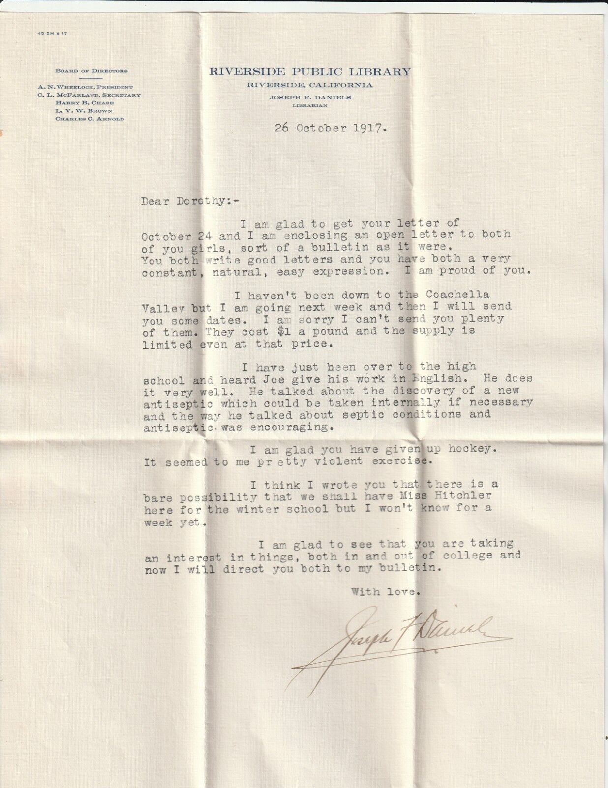 Joseph F Daniels Letter To Dorothy Daniels 1917 Riverside Ca Public  Library