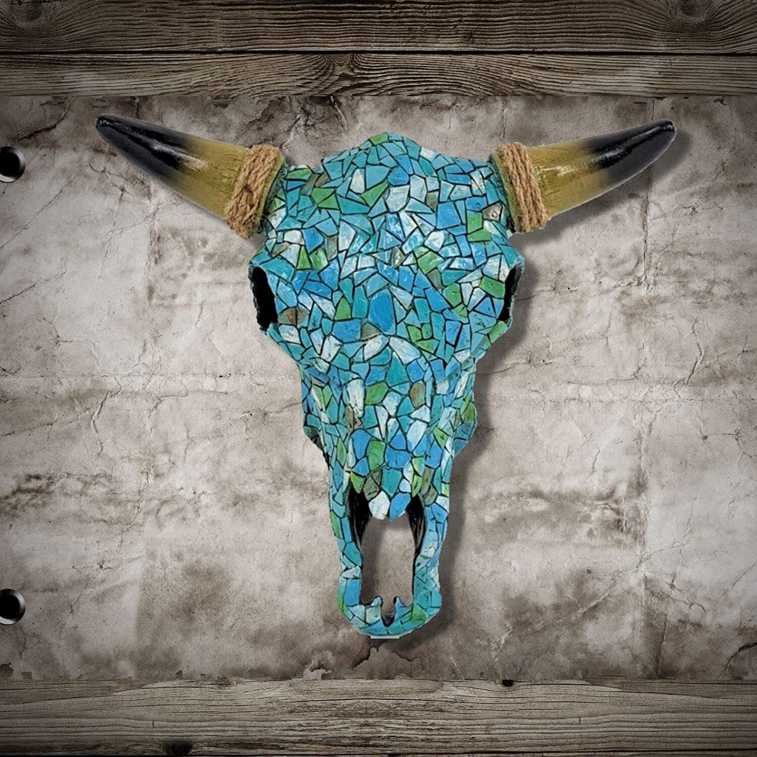 Southwest Mosaic Tribal Turquoise Steer Bull Skull Wall Hanging Decoration Gift