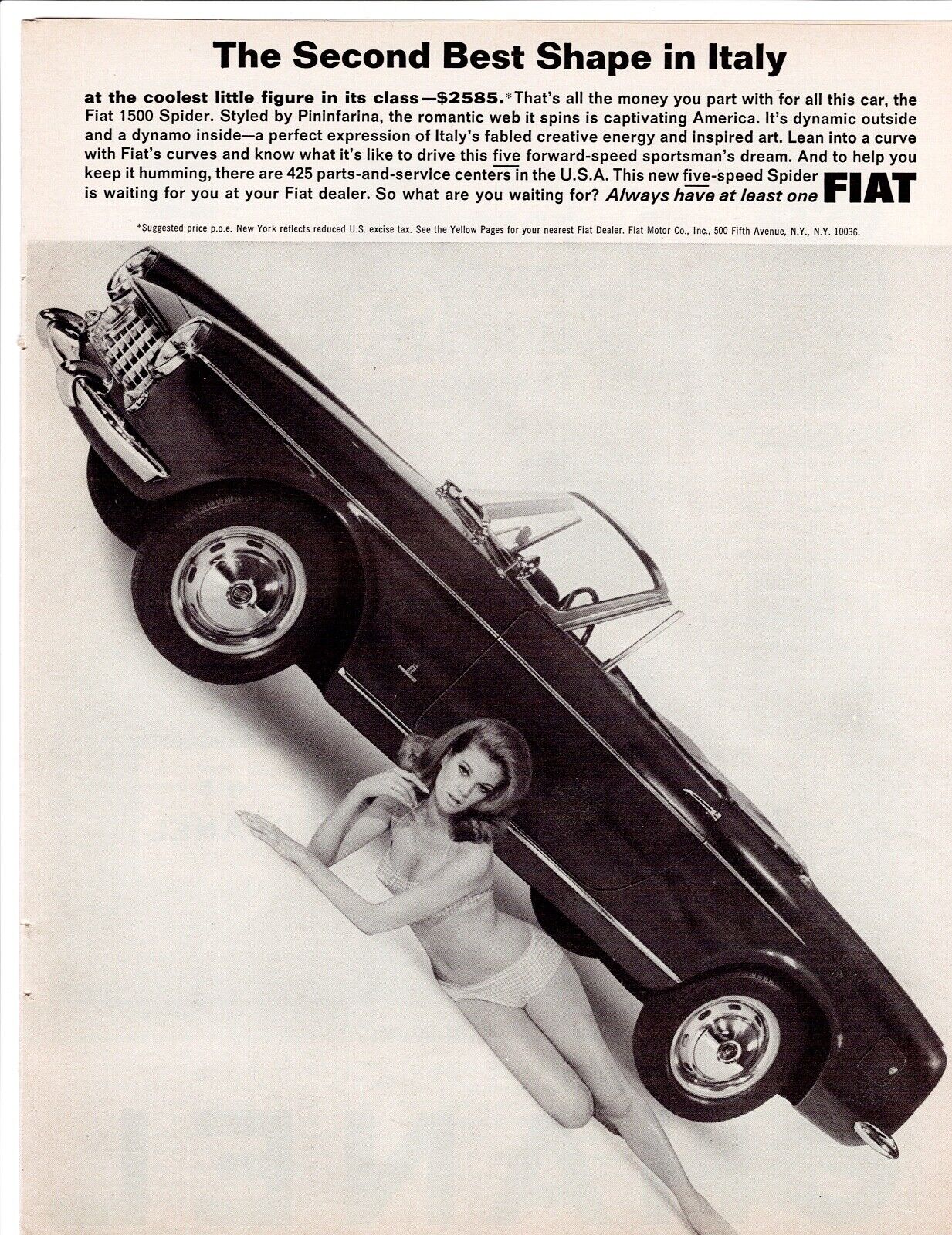 1965 FIAT 1500 Spider Convertible Sports Car Ad ~ Bikini Girl Best Italy Shape