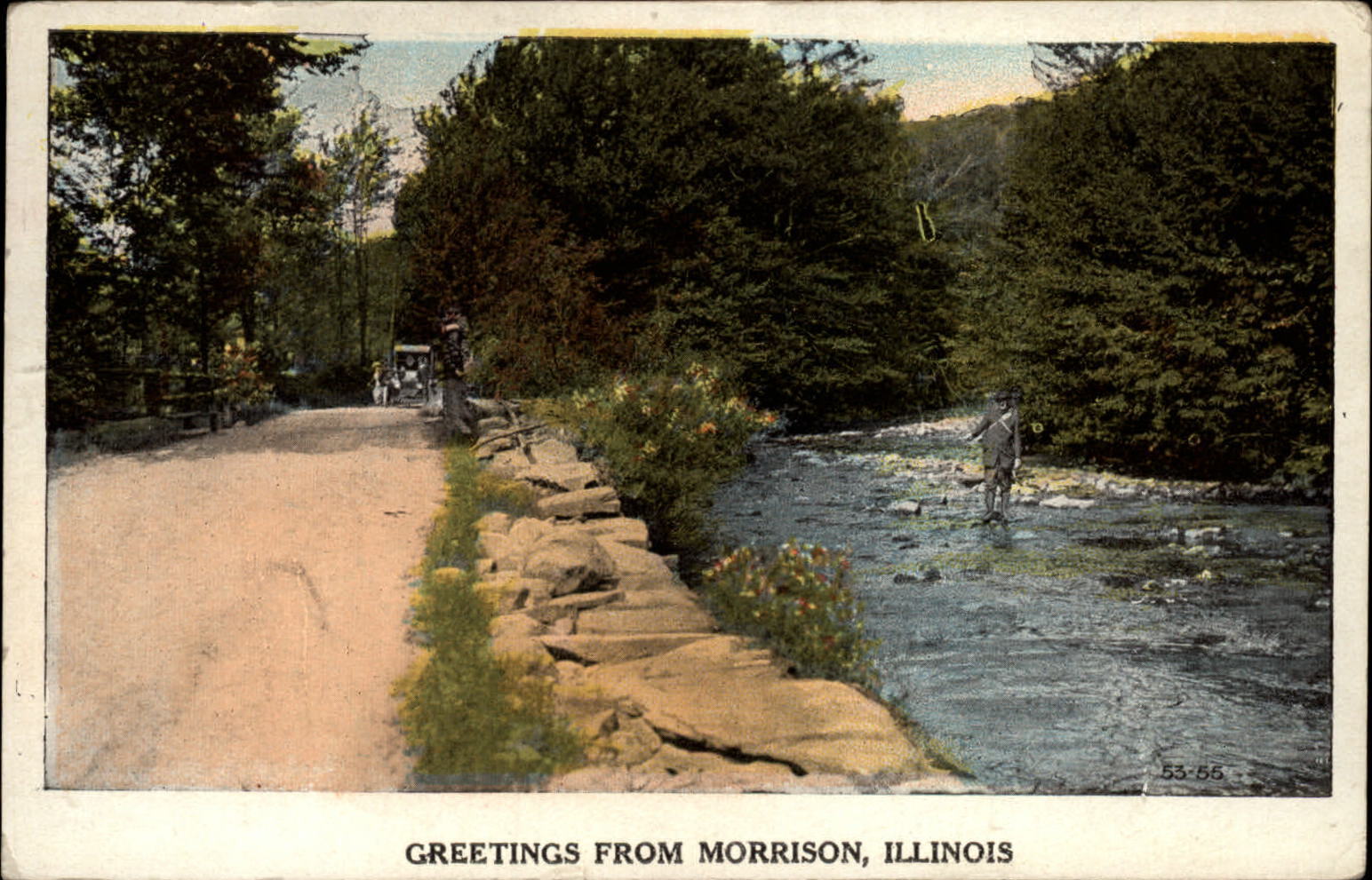 Greetings from Morrison Illinois stream fishing antique car ~ 1920s postcard