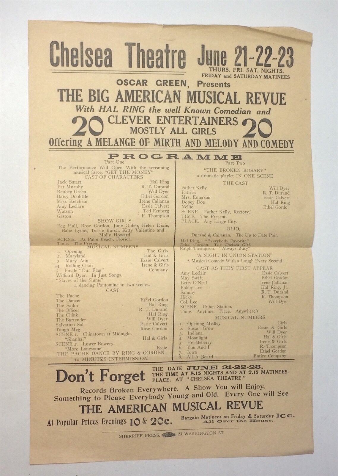 Rare Antique Chelsea Theatre Big American Musical Revue Advertising Broadside