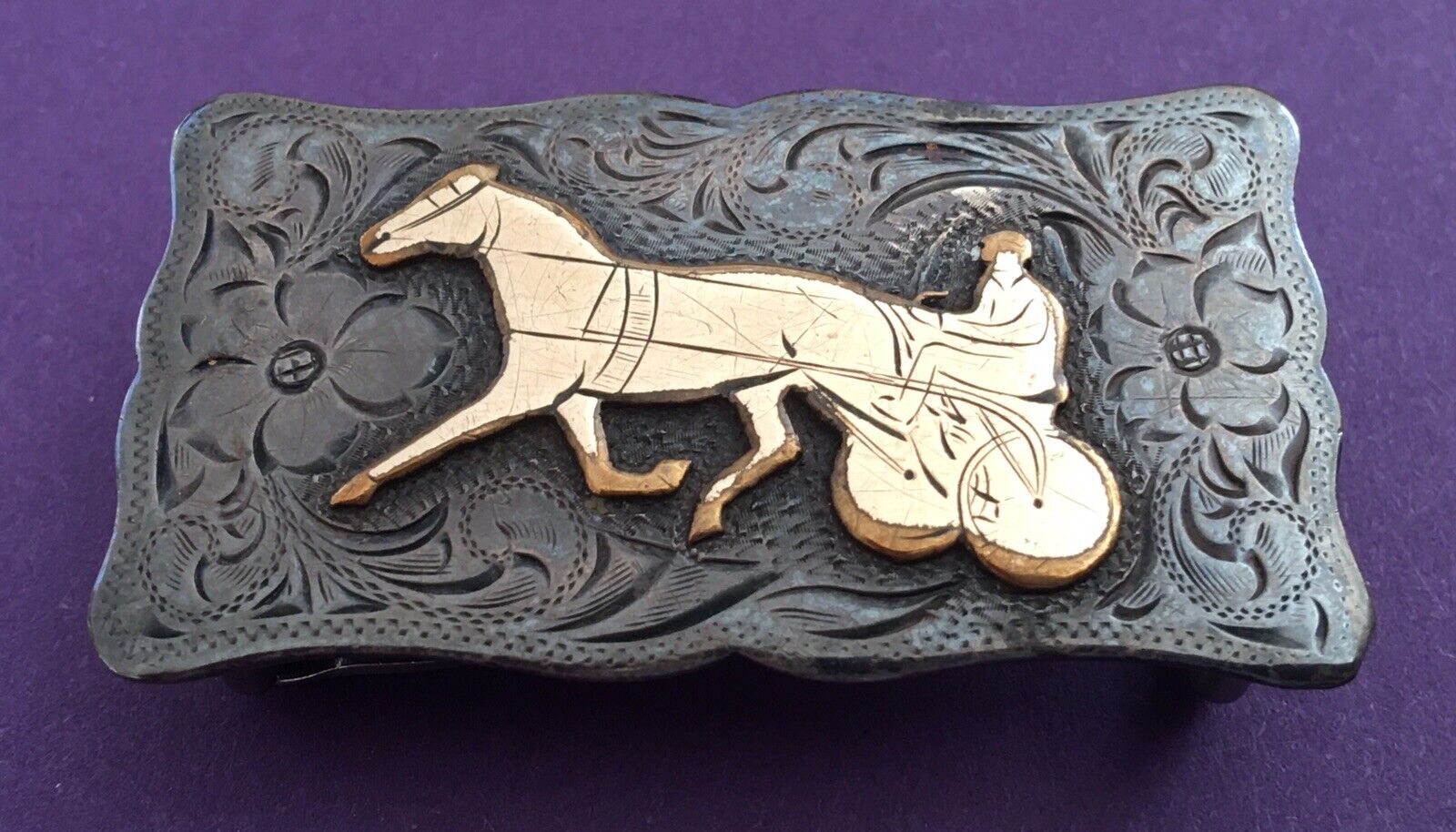Rare Antique San Joaquin Sterling Silver & Gold Sulky Harness Horse Belt Buckle