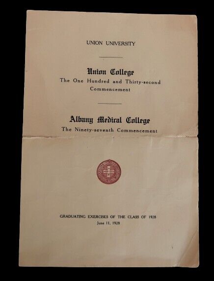 Vtg Union College and Albany Medical College Commencement 1928 Rare Ephemera