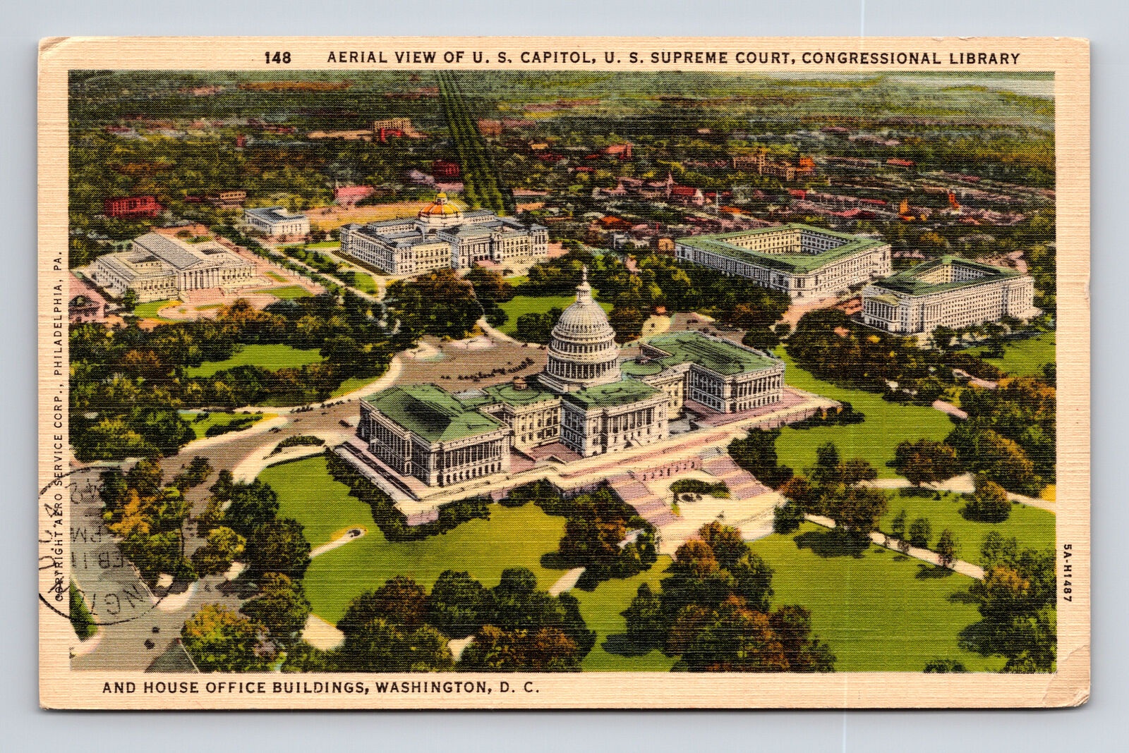 1942 Linen Postcard Washington DC Aerial View of US Capitol