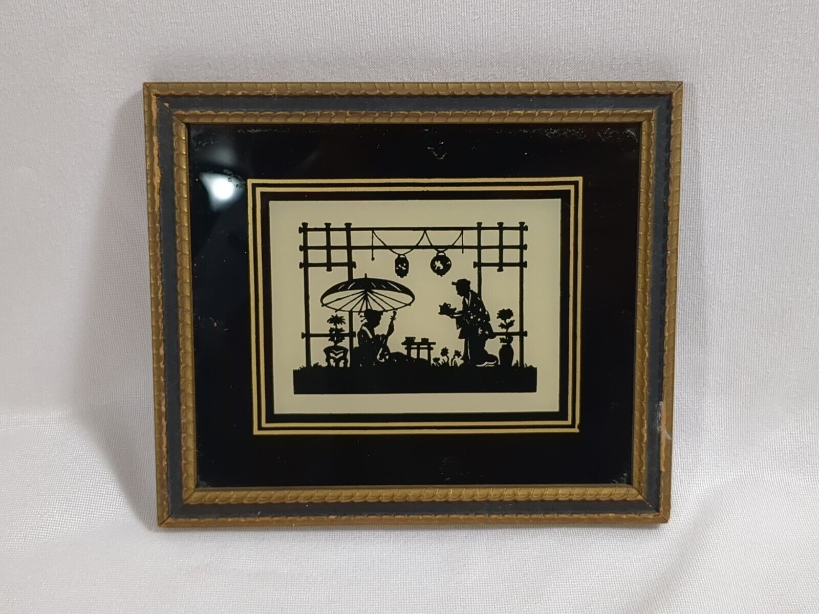 Vintage Reversed Painted Silhouette Picture TEA GARDEN IN JAPAN Small 5.75\