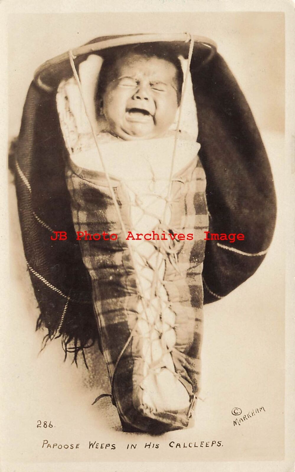 Native American Indian, RPPC, Papoose Weeps in His Calcleeps, Markham No 286