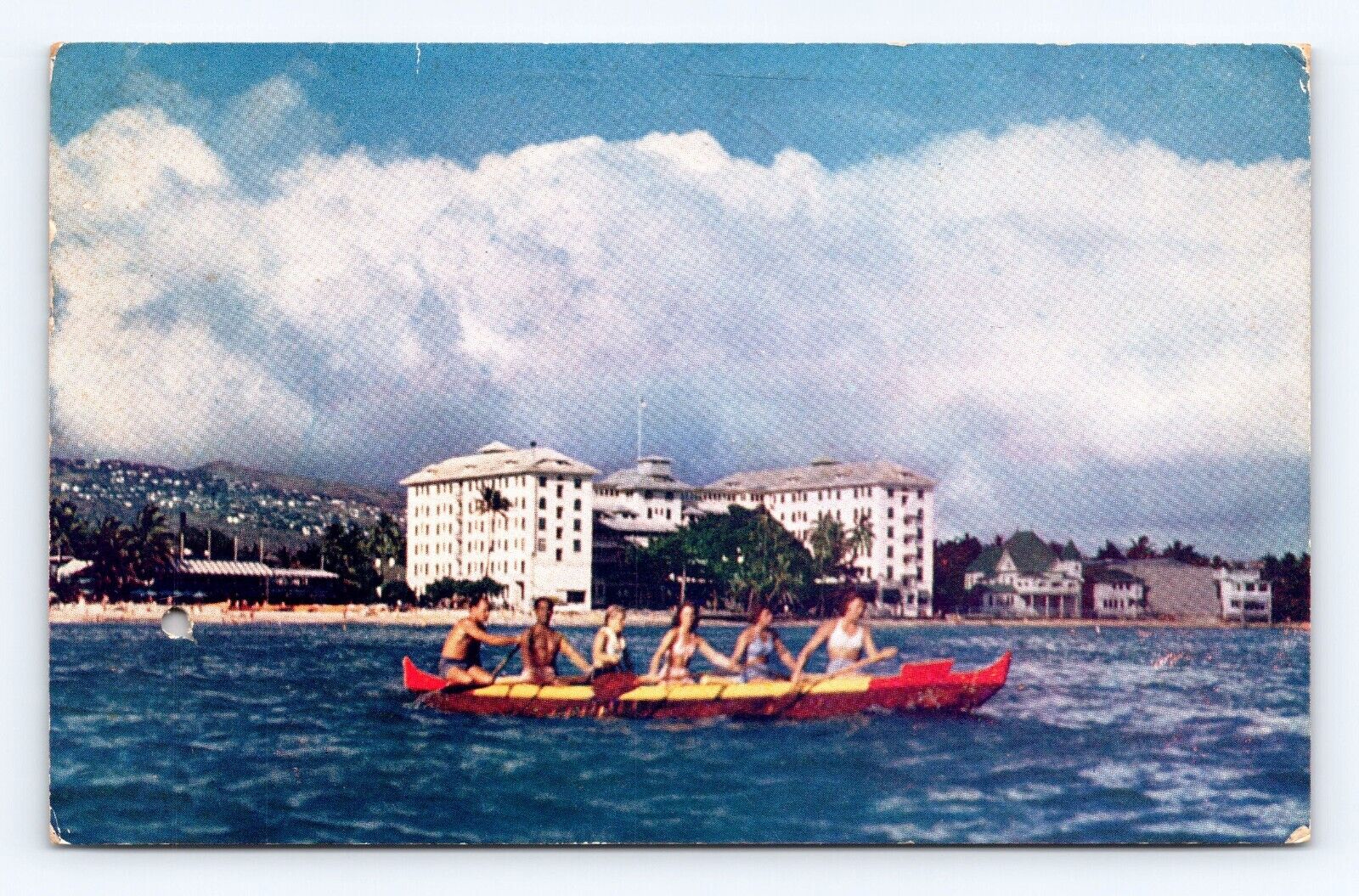 Old Postcard Hawaii Outrigger Canoe Surf Waikiki Moana Hotel Beach 1949 Cancel