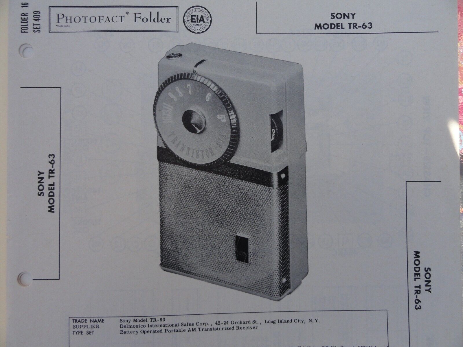 Original Sams Photofact Manual SONY TR-63 (409)