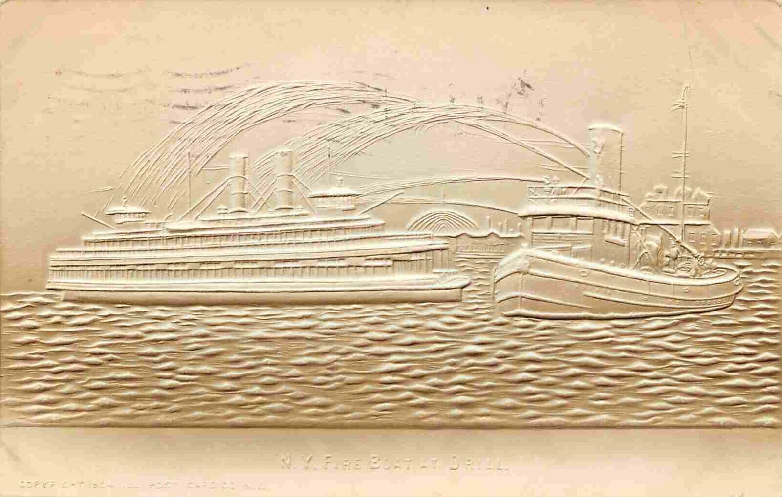 Fire Tug Boat at Drill New York City 1907 bas relief postcard