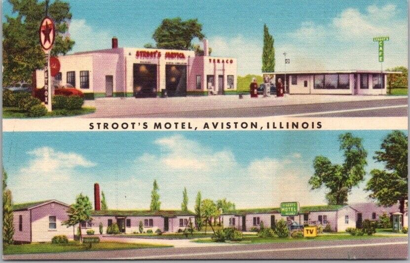 c1950s AVISTON, Illinois Postcard STROOT\'S MOTEL Texaco Gas Station LINEN Unused