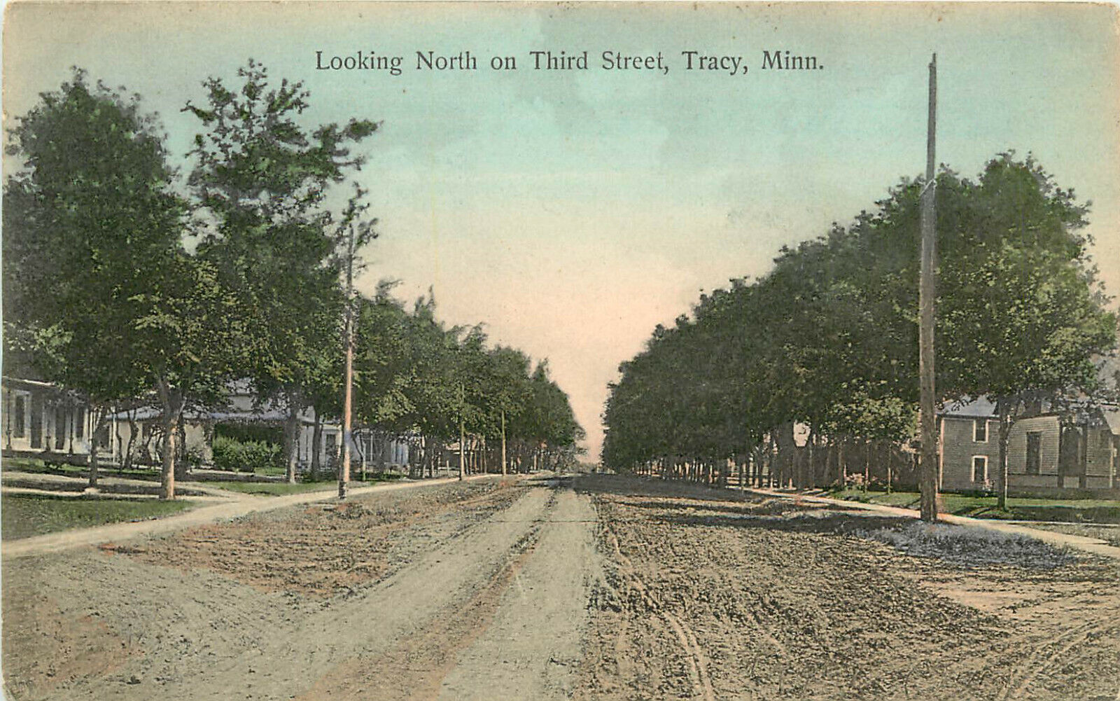 Hand Colored Postcard Looking North on Third Street Tracy MN Lyon County