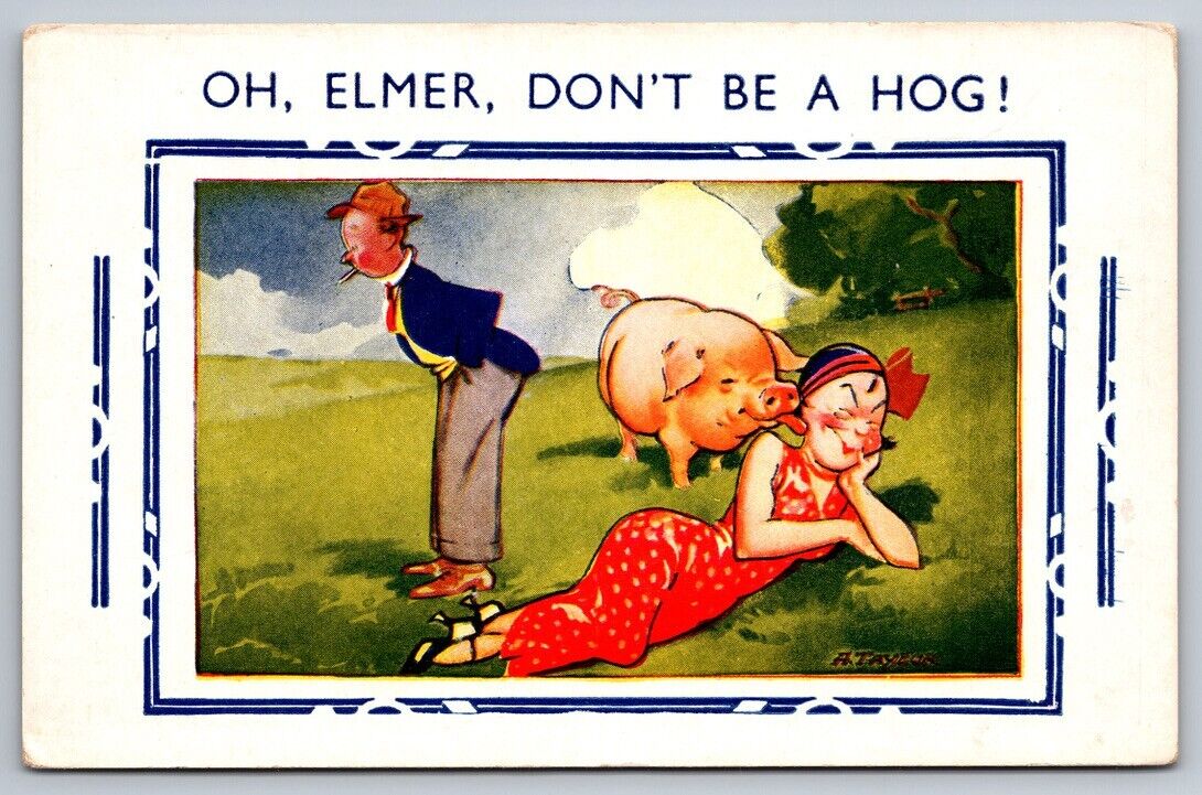 Bamforth Comics Postcard Woman Thinks Pig Licking Ear is Elmer Art by A. Taylor