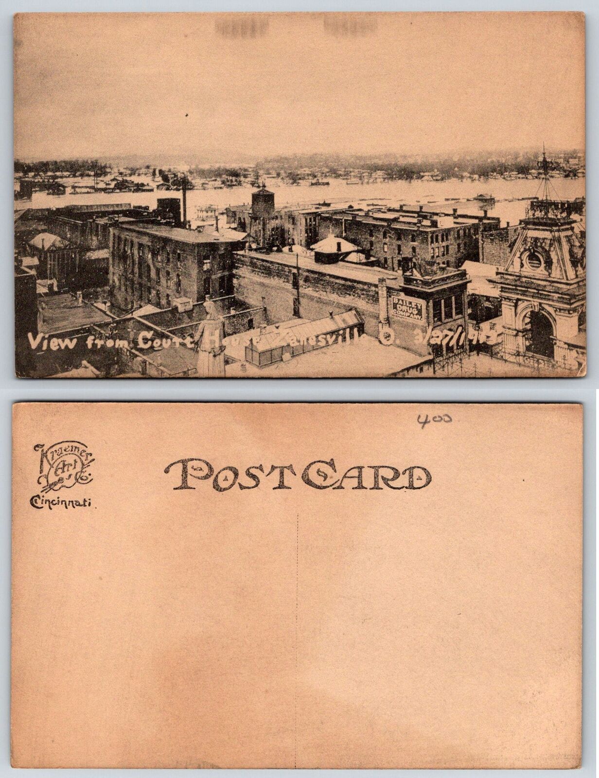 Zanesville Ohio 1913 Flood Disaster VIEW OF CITY FROM COURT HOUSE Postcard j9